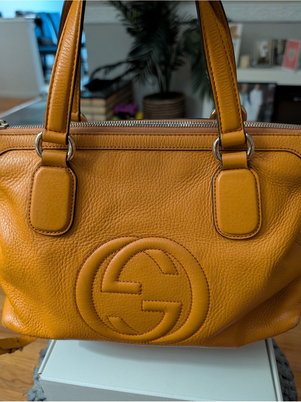 Gucci Mustard Leather Shoulder Bag with Embossed Logo